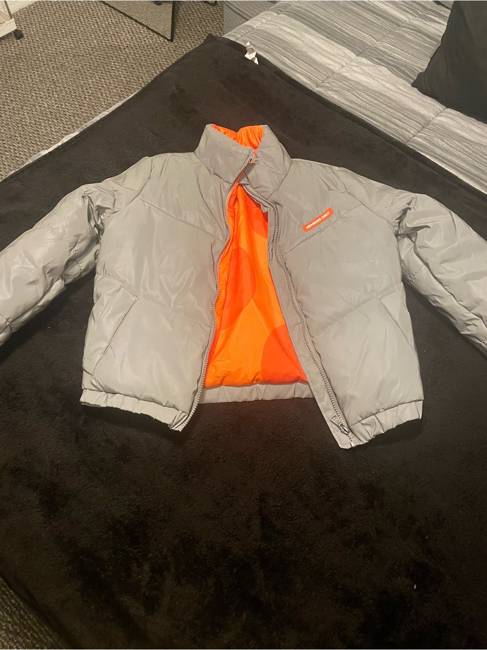 Members Only Gray Puffer Jacket with Orange Lining